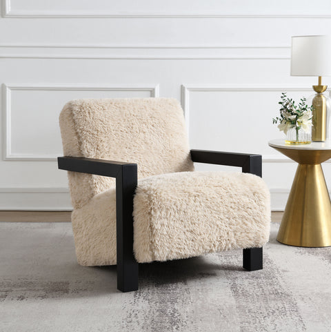 Batista Faux Fur Upholstered Chair Solid Wood Arms Latte