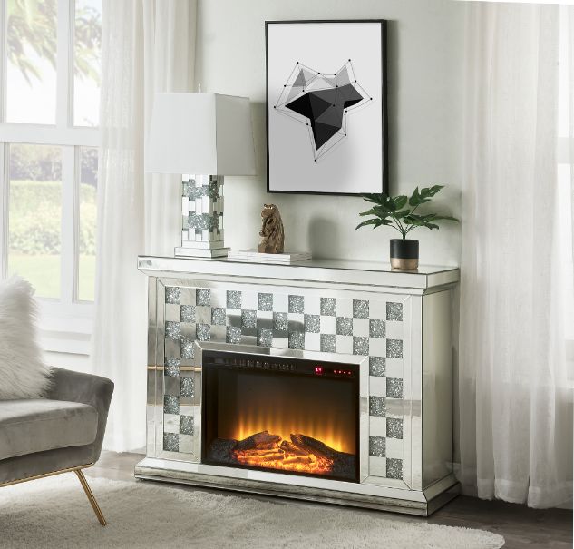 calan fireplace, mirrored & faux diamonds