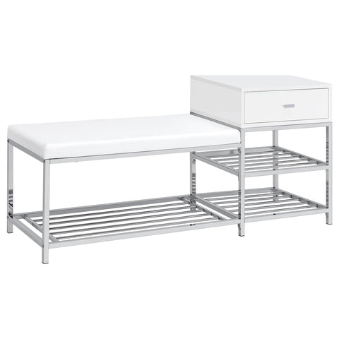 Atwood 1-Drawer Shoe Storage Entryway Bench White High Gloss and Chrome