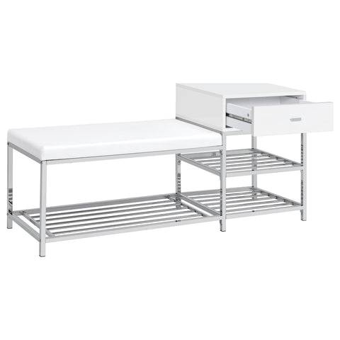 Atwood 1-Drawer Shoe Storage Entryway Bench White High Gloss and Chrome