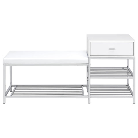 Atwood 1-Drawer Shoe Storage Entryway Bench White High Gloss and Chrome