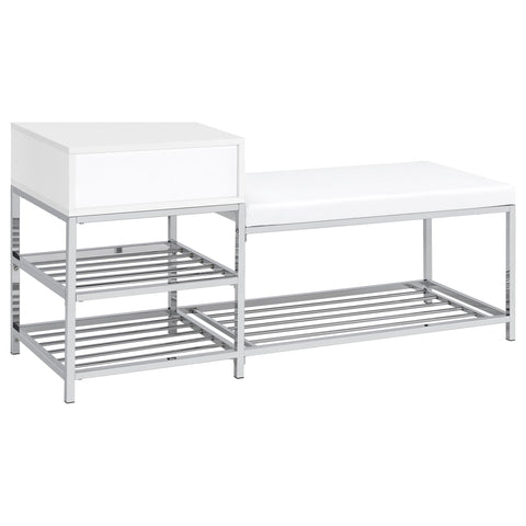 Atwood 1-Drawer Shoe Storage Entryway Bench White High Gloss and Chrome