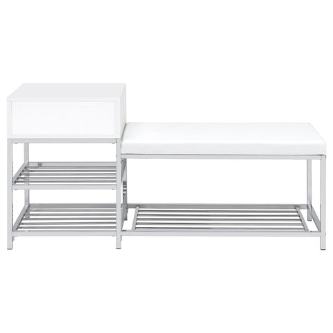 Atwood 1-Drawer Shoe Storage Entryway Bench White High Gloss and Chrome