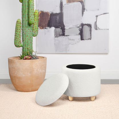 Bleker Faux Sheepskin Upholstered Round Storage Ottoman IvoryWhite