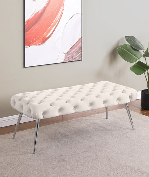 Cortez Upholstered Tufted Bench Stainless Steel Legs Ivory