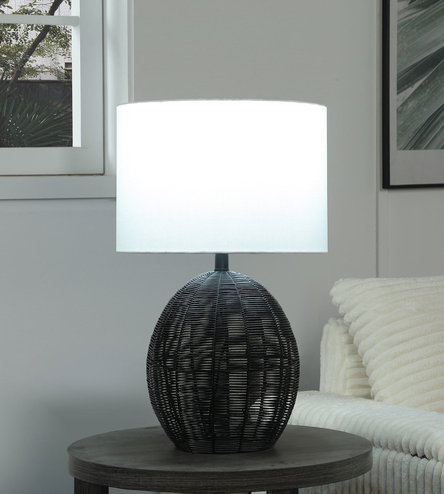 pamela drum shade handwoven rattan table lamp black