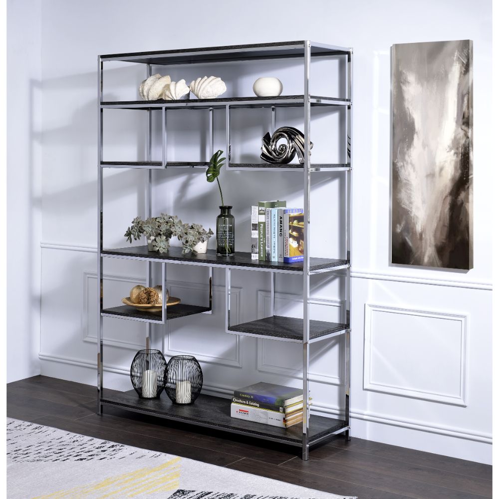 leandros bookshelf, rustic gray oak & chrome finish