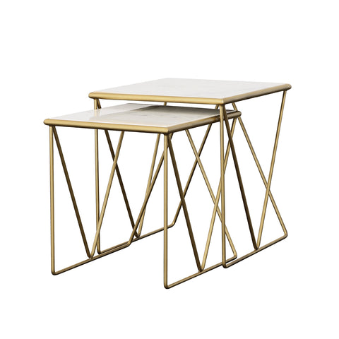 Aaron 2-piece Marble Top Nesting Table Set White and GoldGold