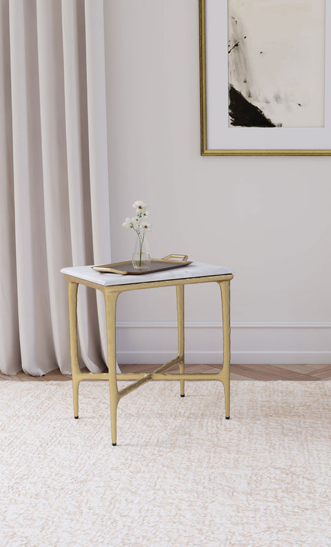 Freda Rectangular Marble Top Side Table White and GoldWhite / Gold