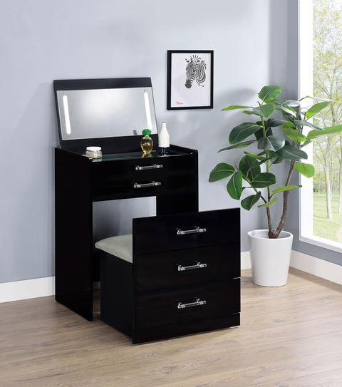 Maderia 3-drawer Makeup Vanity & Stool Set Black High GlossBlack High Gloss