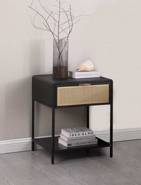 Sanger 1-drawer Radio Weave Cane Metal Bedside Table BlackBlack