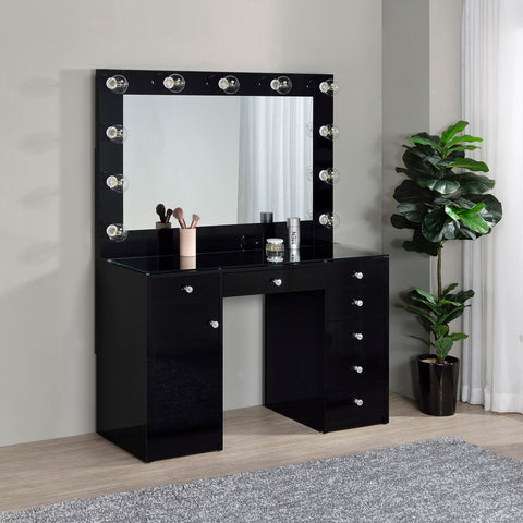 Andover 7-drawer Vanity Set with Lighting Black High GlossBlack High Gloss