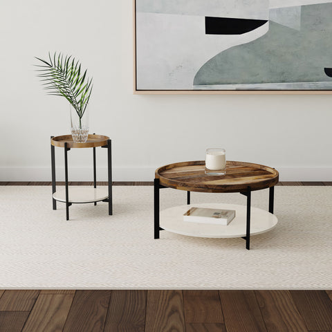 Stephie Round Side Table with Marble Shelf Natural and BlackNatural