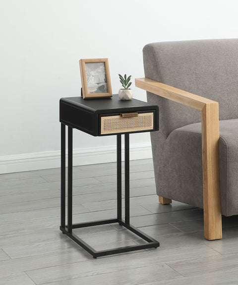 Sanger 1-drawer Radio Weave Cane Metal Side Table BlackBlack