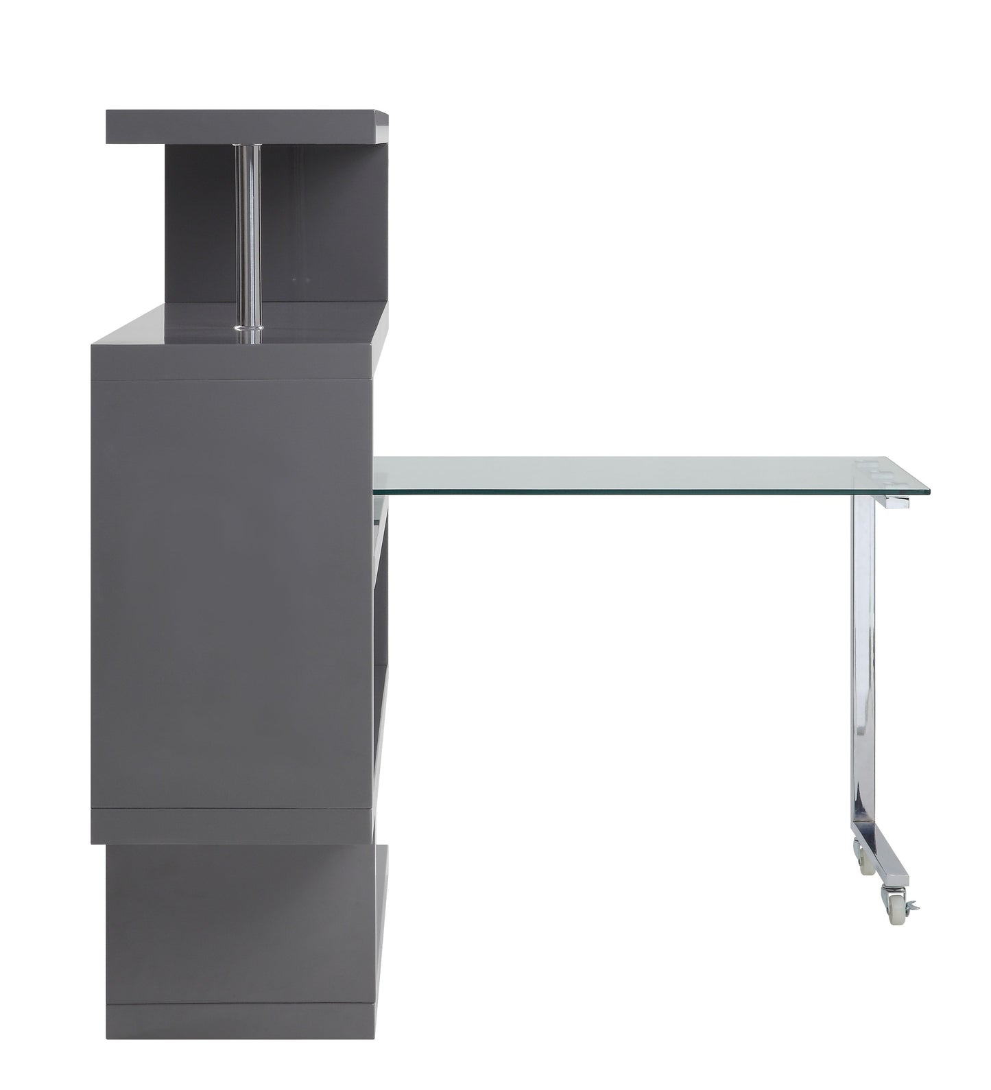 madrona ii writing desk w/bookshelf, clear glass, chrome & gray high gloss finish