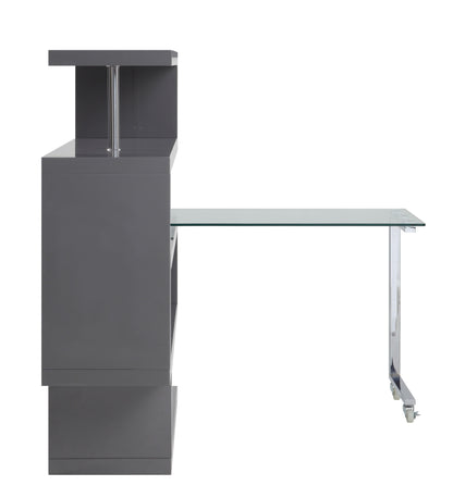 Madrona II Writing Desk W/Bookshelf, Clear Glass, Chrome & Gray High Gloss Finish