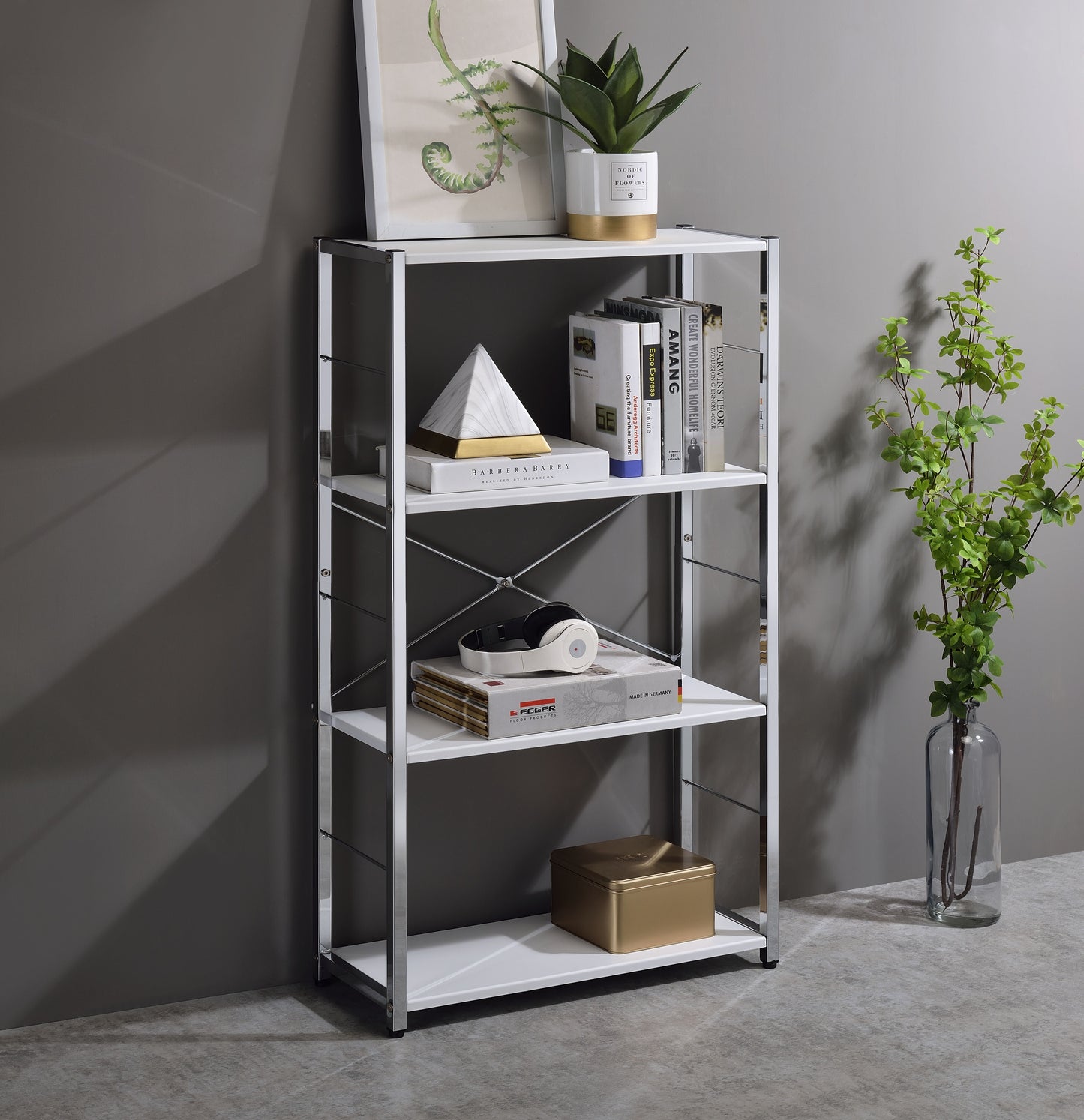 maeko bookshelf, white & chrome finish