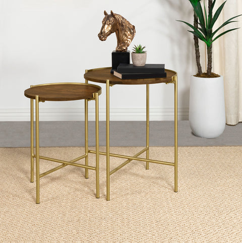 Serene 2-piece Round Wood Nesting Table Dark Brown and GoldGold