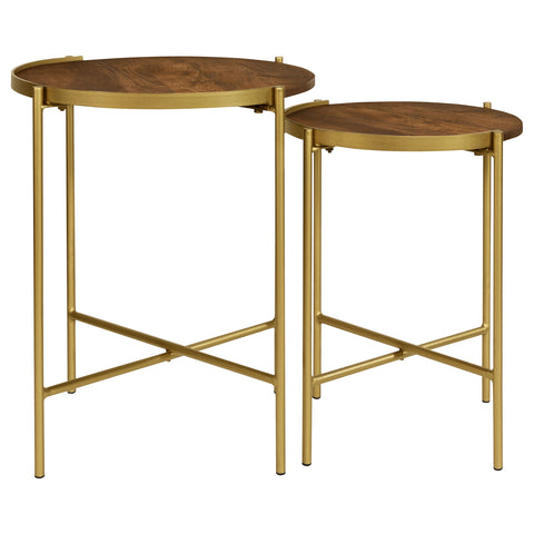 Serene 2-piece Round Wood Nesting Table Dark Brown and GoldGold