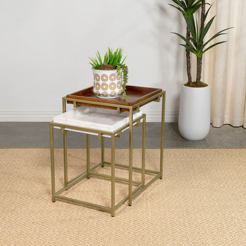 Frodo 2-Piece Wood and Marble Top Nesting Table Set GoldGold