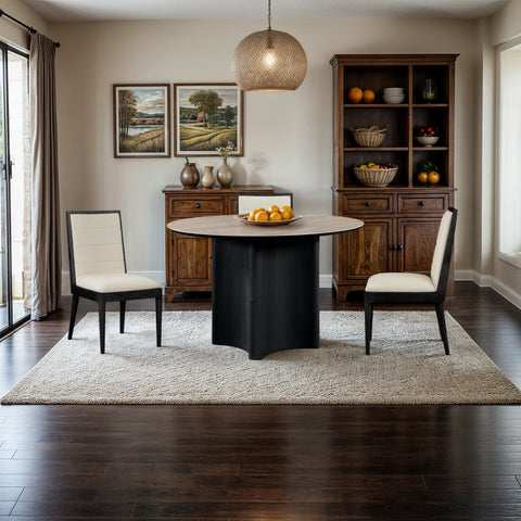 Iris 46.5" Black Travertine Sintered Stone Top And Oak Veneer Base Dining Table, 1 Piece