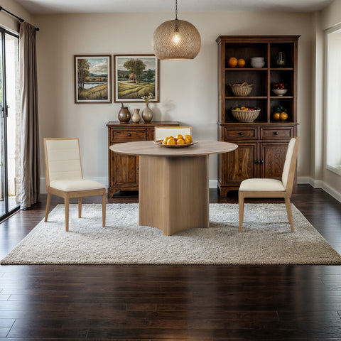 Iris 46.5" Natural Travertine Sintered Stone Top And Oak Veneer Base Dining Table, 1 Piece