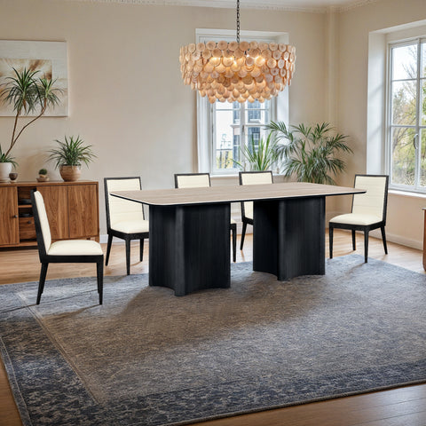 Iris 78" Black Travertine Sintered Stone Top And Oak Veneer Base Dining Table, 1 Piece