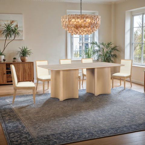 Iris 78" Natural Travertine Sintered Stone Top And Oak Veneer Base Dining Table, 1 Piece