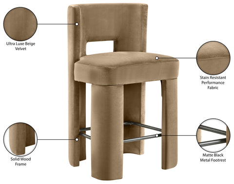 Linden Beige Velvet Performance Fabric Upholstered Counter Stool, 2-Piece