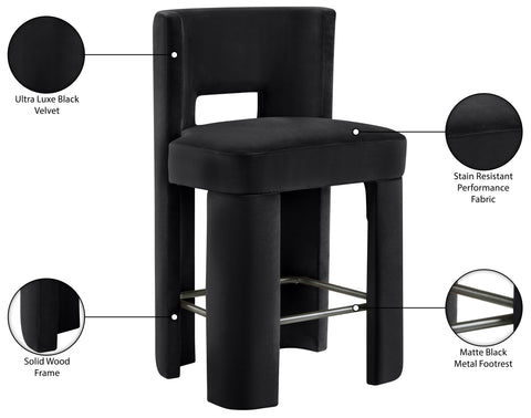 Linden Black Velvet Performance Fabric Upholstered Counter Stool, 2-Piece