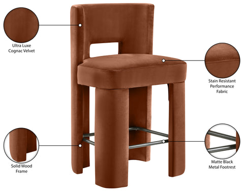 Linden Cognac Velvet Performance Fabric Upholstered Counter Stool, 2-Piece