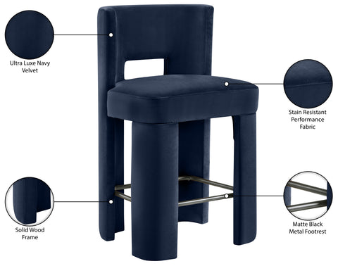 Linden Navy Velvet Performance Fabric Upholstered Counter Stool, 2-Piece