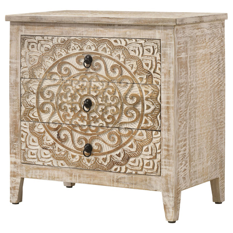 Toohey 3-drawer Wood Mandala Cabinet Distressed WhiteDistressed White