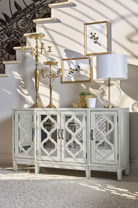 Felice 4-door Wood Trellis Accent Cabinet Distressed WhiteDistressed White