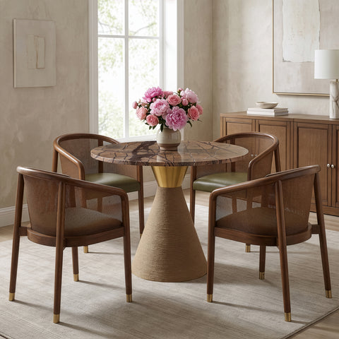 Arden 36" Brown Genuine Marble And Jute Dining Table, 1 Piece