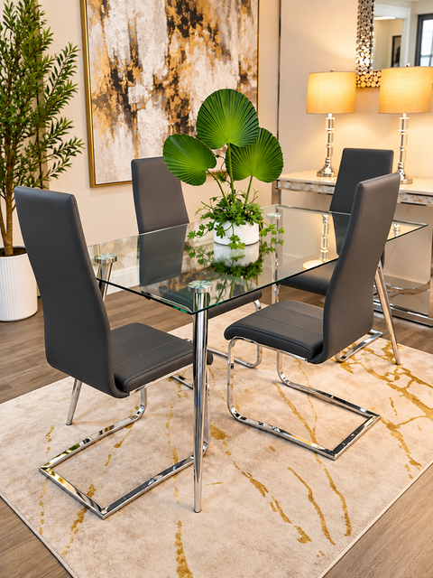 Modern 5-Piece Glass Dining Set with Gray Leatherette Chairs & Chrome Base – Showroom Clearance
