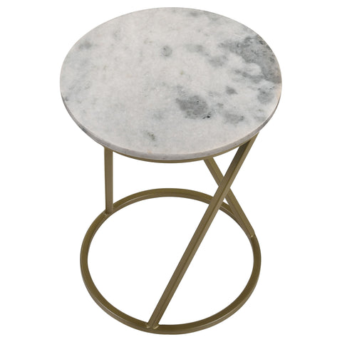Hoover Round Marble Top Accent Side White and Antique GoldWhite Marble