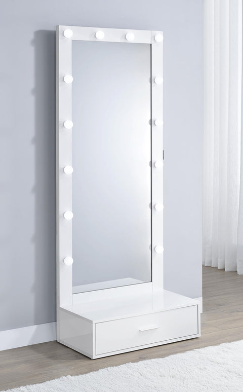Baney 1-drawer Lighted Full-Length Floor Mirror White High Gloss