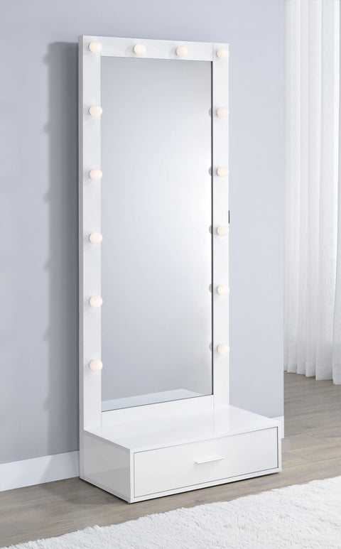 Baney 1-drawer Lighted Full-Length Floor Mirror White High Gloss