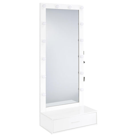 Baney 1-drawer Lighted Full-Length Floor Mirror White High Gloss