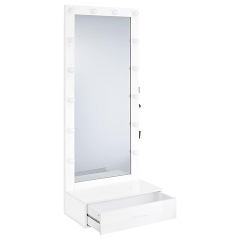 Baney 1-drawer Lighted Full-Length Floor Mirror White High Gloss