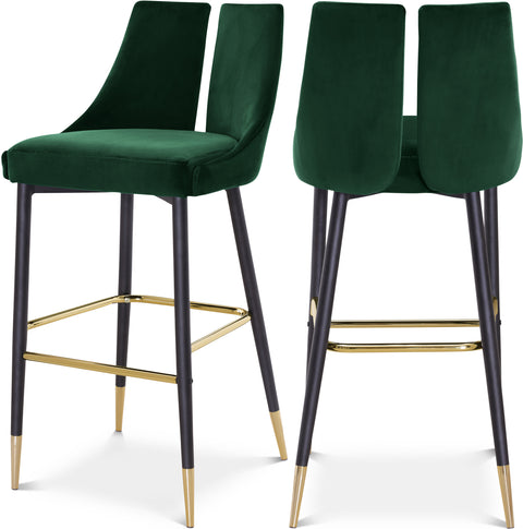 Harper Green Velvet Upholstered Bar Stool, 2-Piece