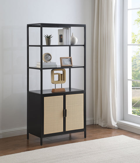 Sanger 3-shelf Radio Weave Cane Metal Accent Cabinet BlackBlack