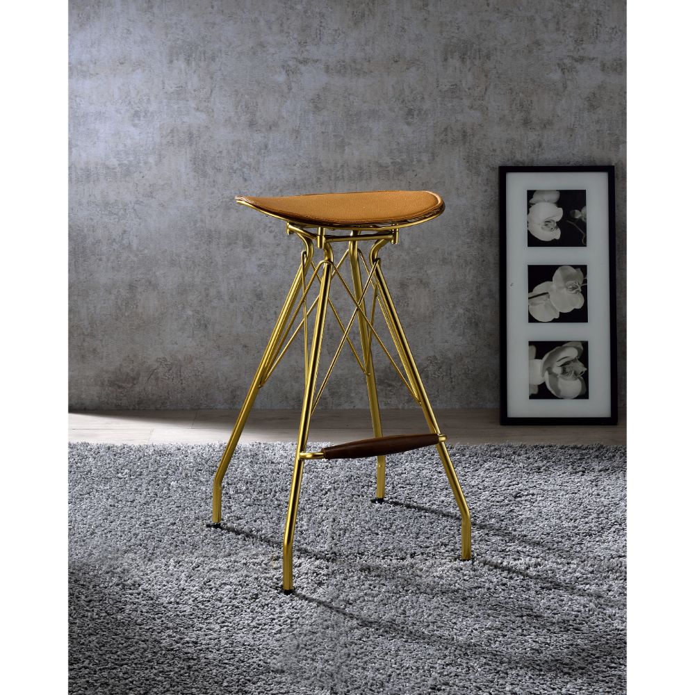 matias bar stool (set-2), whiskey synthetic leather & gold finish