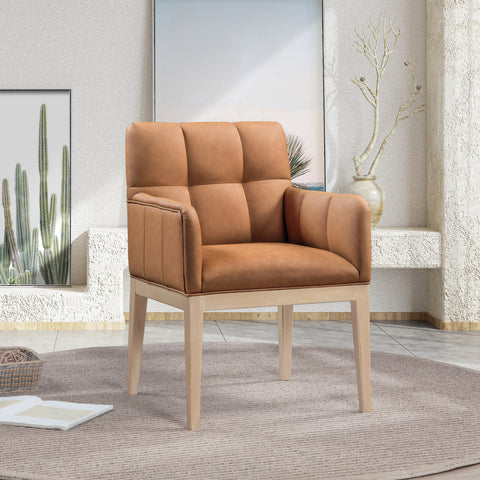 Sage Cognac Vegan Leather Upholstered Dining Arm Chair, 2-Piece