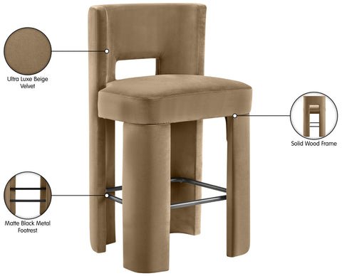 Linden Beige Velvet Performance Fabric Upholstered Bar Stool, 2-Piece