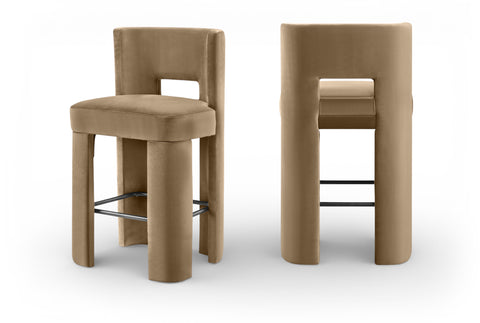 Linden Beige Velvet Performance Fabric Upholstered Bar Stool, 2-Piece