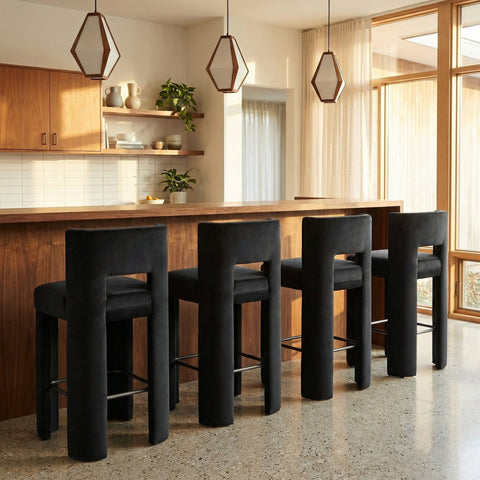Linden Black Velvet Performance Fabric Upholstered Bar Stool, 2-Piece