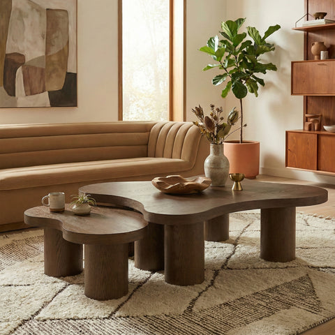 Harper Brown Walnut Oak Veneer And Solid Wood Coffee Table, 2-Piece