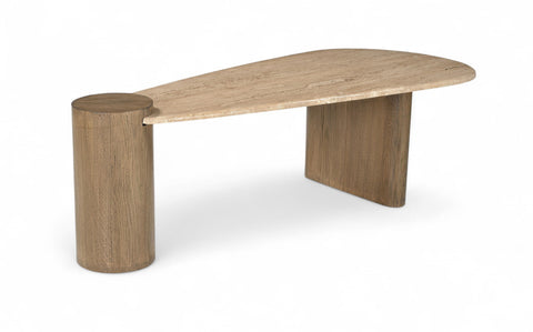 Rowan Natural Travertine Top And Oak Wood Base Coffee Table, 1 Piece (Style 2)